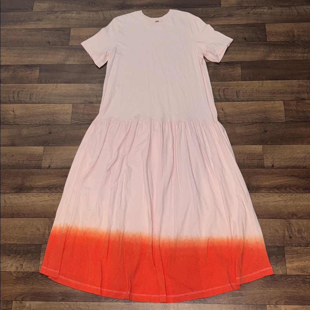 Free People Size Medium Raine Maxi Dress Blush Pink Orange Ombre Dye 100% Cotton